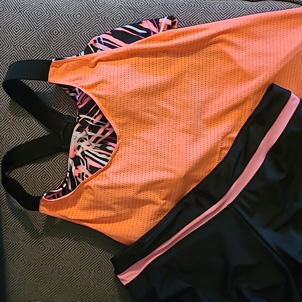 Neon pink and black 2 piece swim suit